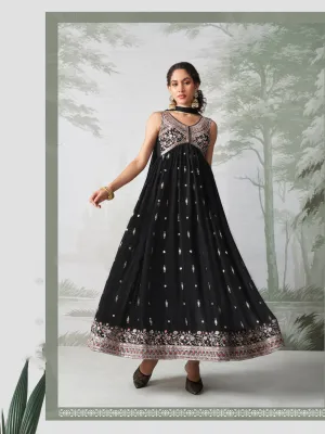 Black Designer Attractive Readymade Anarkali Dress Jari Thread Sequence Embroidery Work