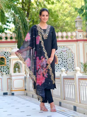 Black Designer Printed Pant Suit With Embroidery Work