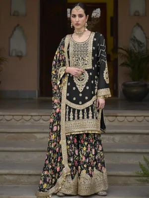 Black Heavy Chinon Classy Designer Readymade Sharara Suit With Embroidery Sequence & Mirror Work