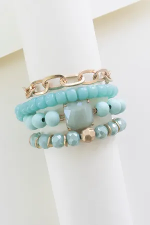 Brooke Turquoise Beaded Bracelet | Layering Bracelet Stacks | Aqua Crystal and Gold Chain Bracelets