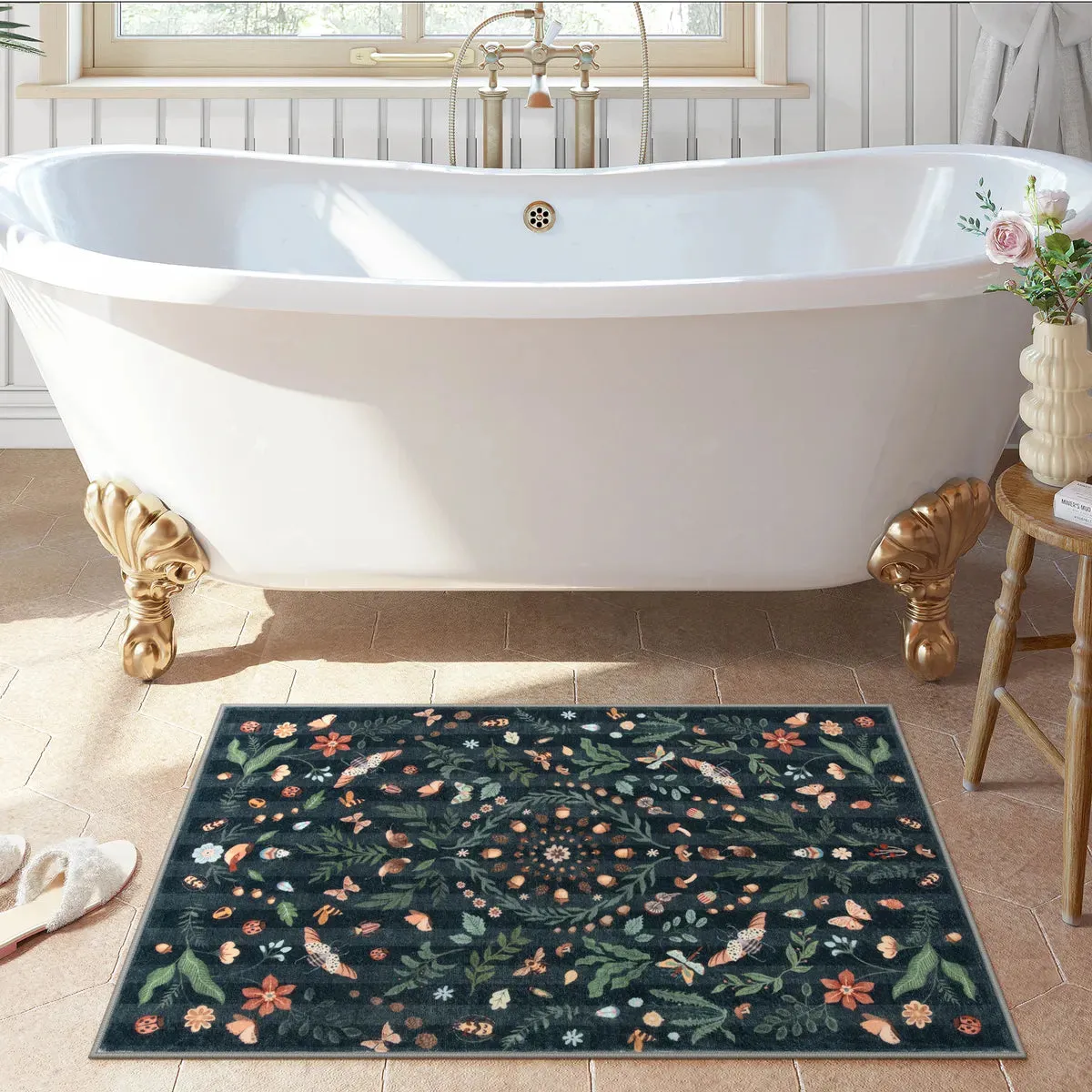 Chloe Boho Insect Botanical Floral Black Area Rug