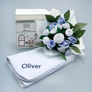 Hand Tied Baby Clothes Bouquet With Personalised Snuggle Wrap, Blue