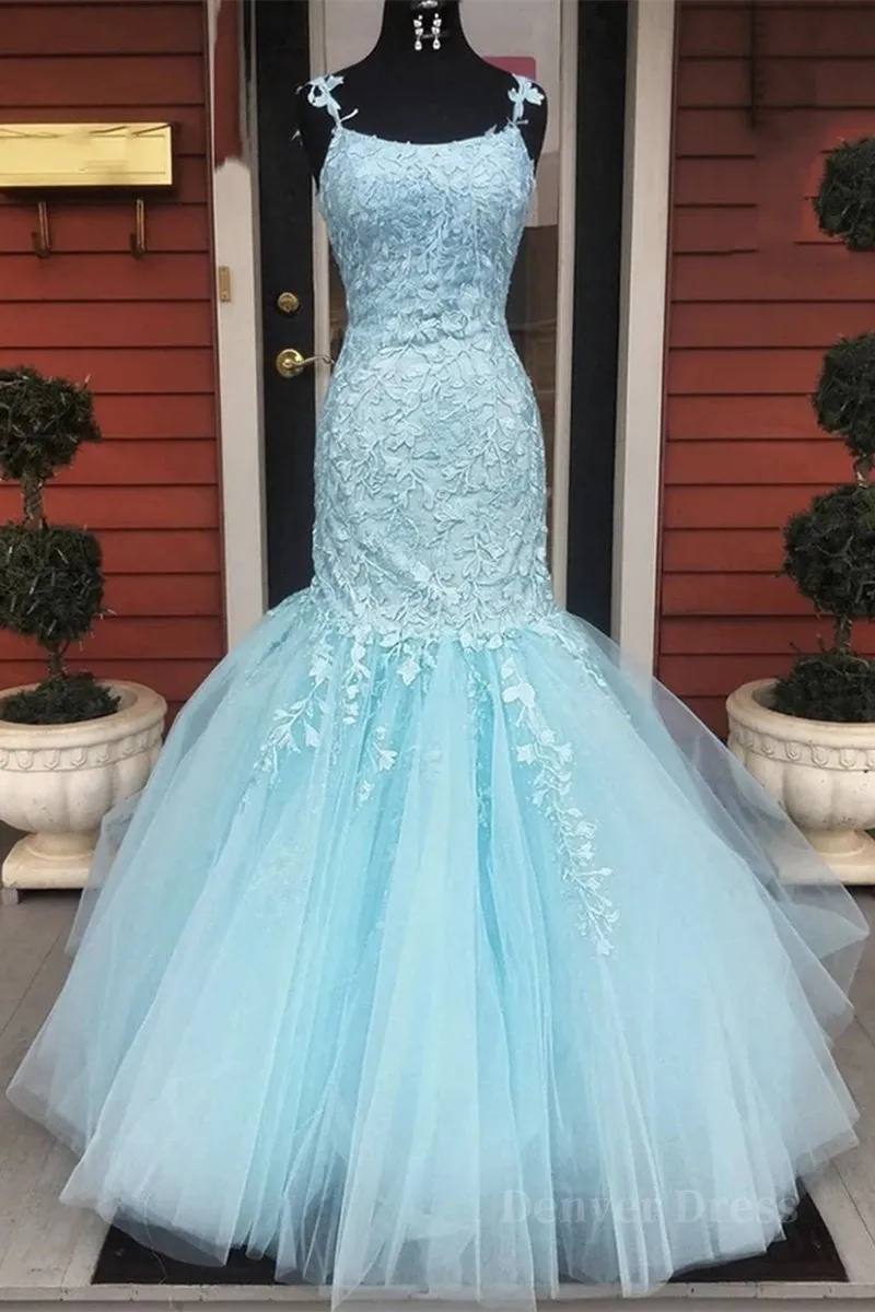 kamahe Gorgeous Mermaid Light Blue Lace Long Prom Dresses, Light Blue Mermaid Lace Formal Dresses, Mermaid Lace Evening Dresses