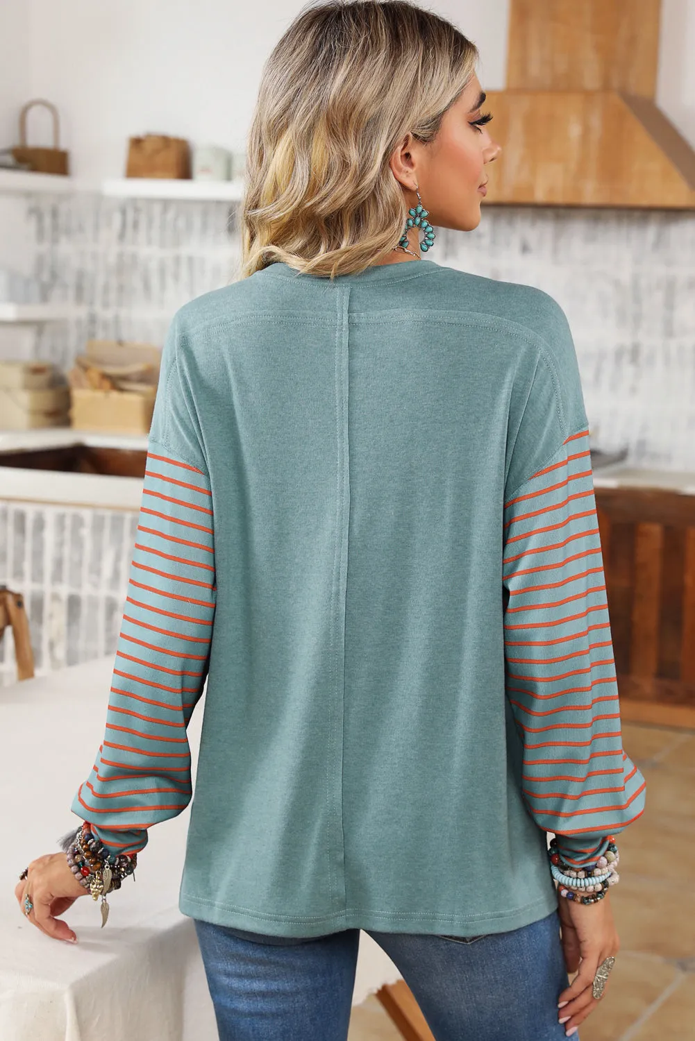 Khaki Colorblock Striped Bishop Sleeve Side Slits Top