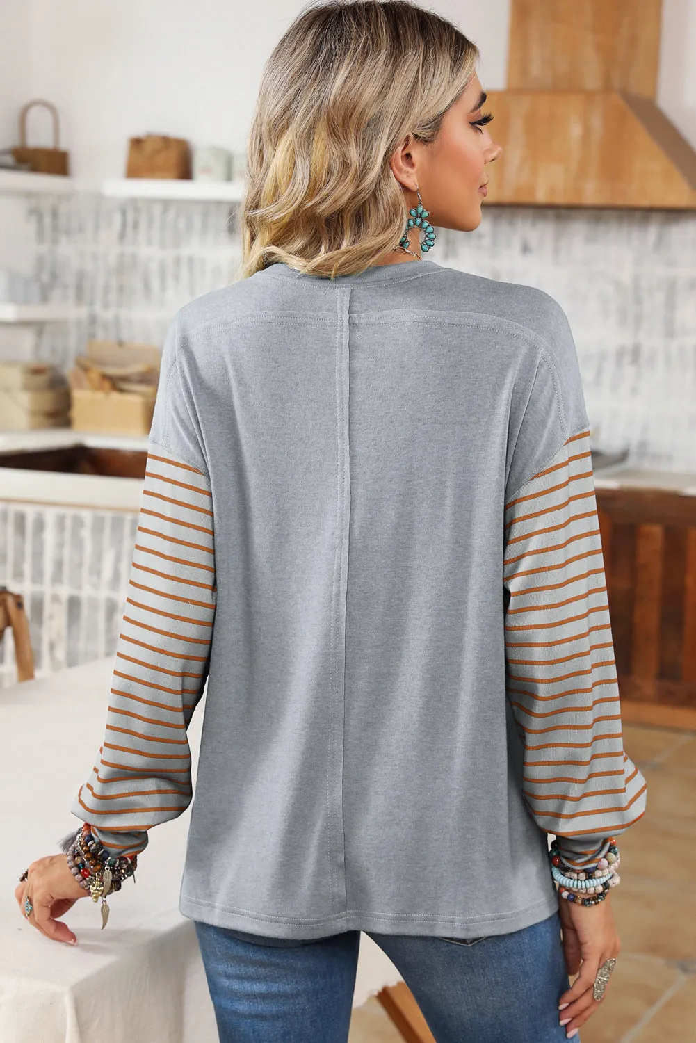 Khaki Colorblock Striped Bishop Sleeve Side Slits Top