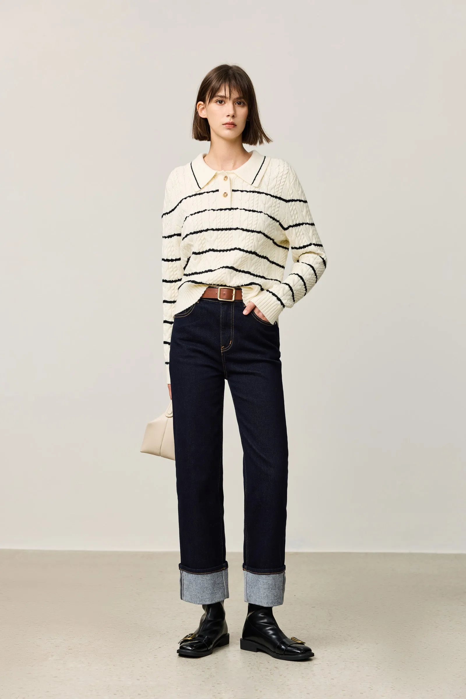 LILY Contrast Striped Relaxed Polo Sweater