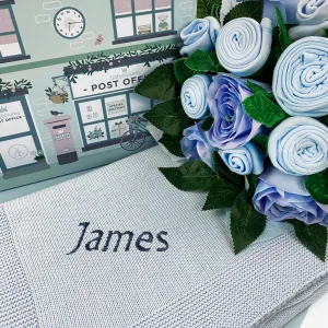 Luxury Rose Baby Clothes Bouquet and Personalised Baby Blanket, Blue