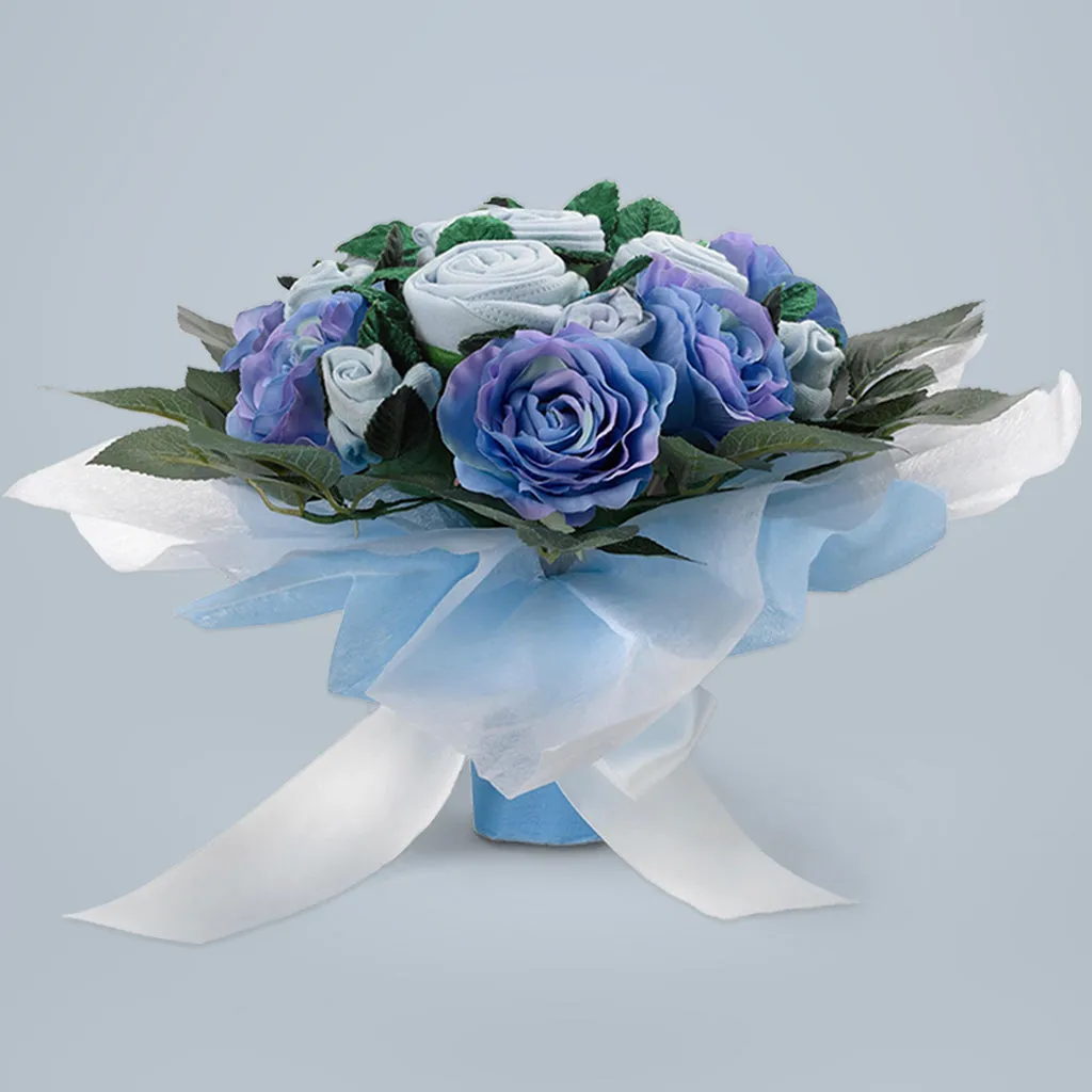 Luxury Rose Baby Clothes Bouquet and Personalised Baby Towel- Blue