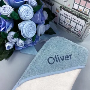 Luxury Rose Baby Clothes Bouquet and Personalised Baby Towel- Blue