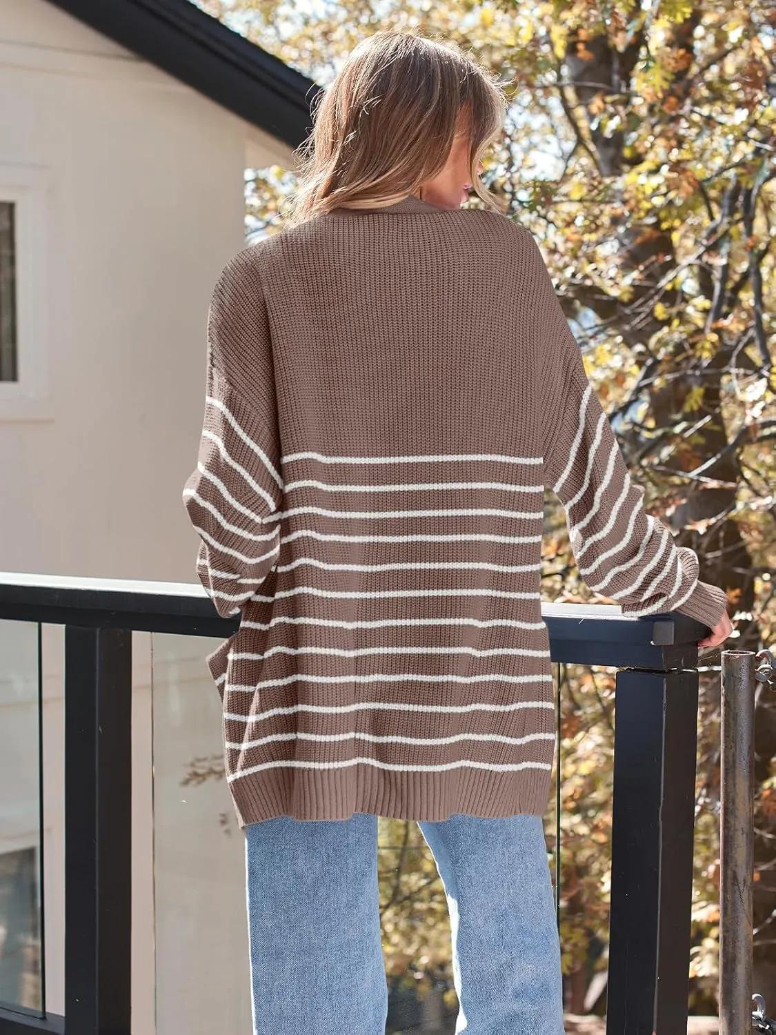 Oversized Striped Knit Cardigan With Pockets