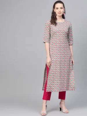 Pastel Green & Magenta Printed Straight Kurta With Pant