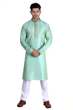 Royal Men's Embroidered Pure Silk Kurta Pajama Set - Light Green