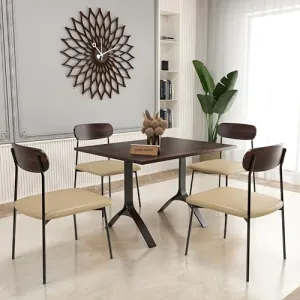 SIYARA DESIGN Elixir Solid Sheesham Wood Dining Table 4 Seater with Iron Leg Chair for Living Room | Sheesham Wood Dining Set | Hotel Restaurant Dining Set | (Walnut, Black Legs)