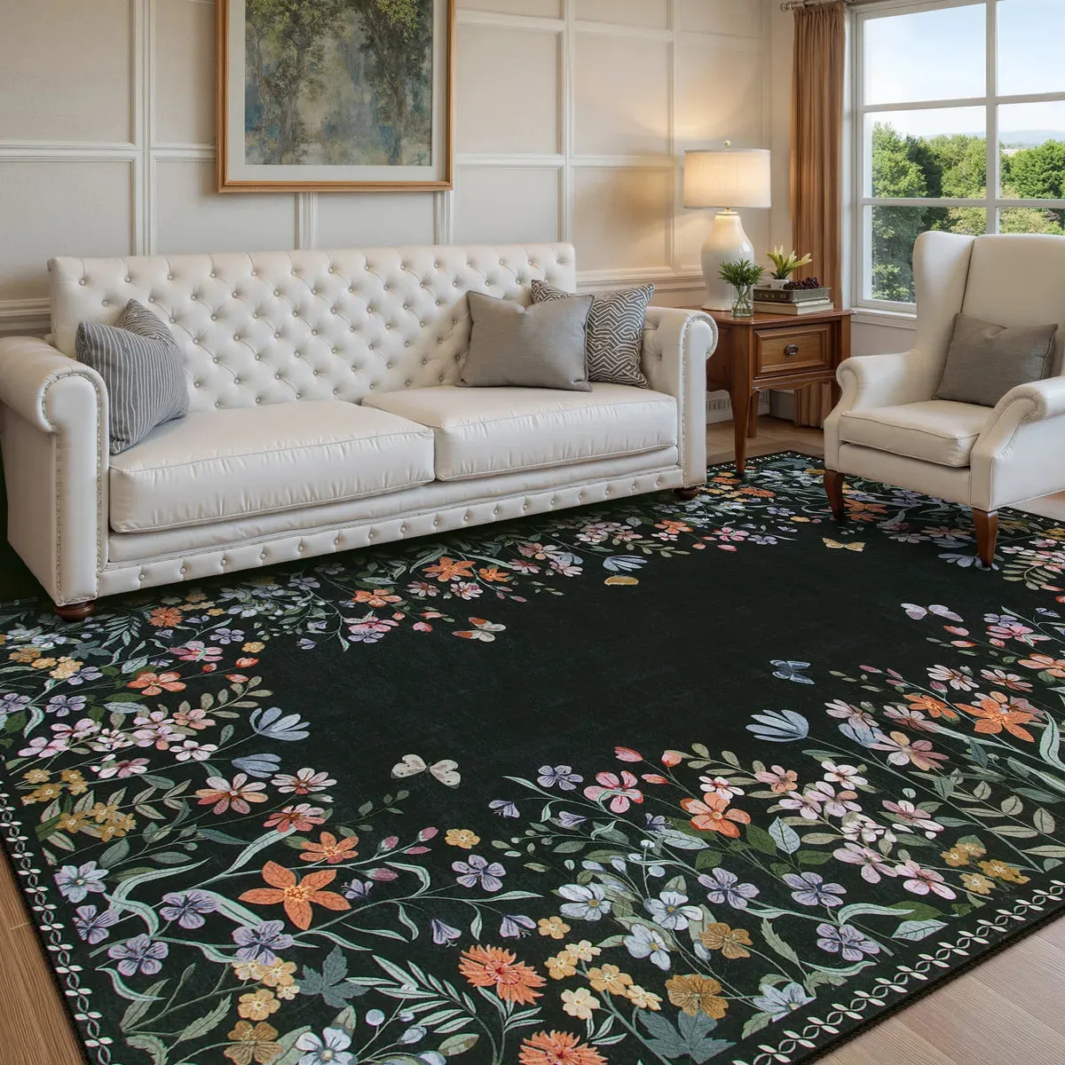 Solene Modern Blooming Floral Garden Black Area Rug