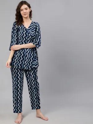 Women Navy Blue Zig-Zac Wrap Round Night Suit