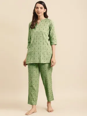 Womens Olive Green Ikat Printed Night Suit