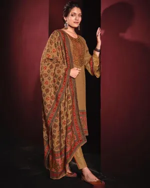 Woolen Pashmina Light Brown Winter Unstitched Suits With shawl